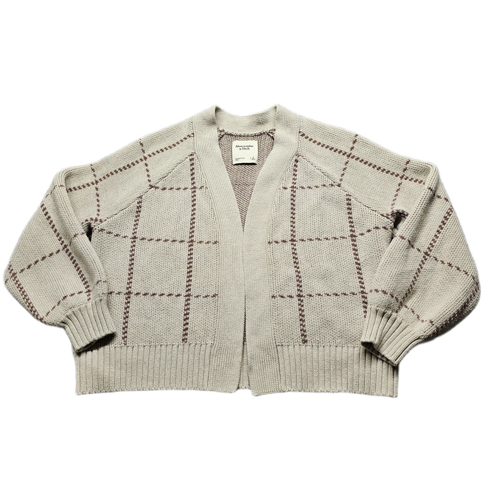 Abercrombie & Fitch Cardigan Sweater Womens S Cream Plaid Tight-Knit Open Front